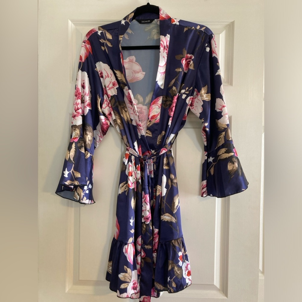 Navy Floral Silky Bridesmaid Robe